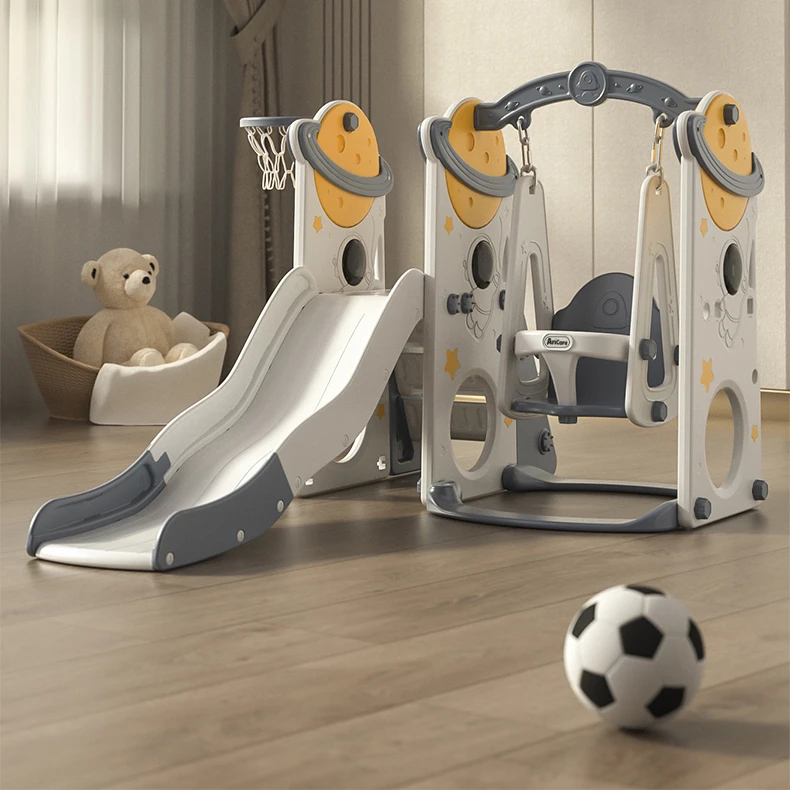 3 in 1 Toddler Plastic Climber and Swing Set Baby Slide Play Set with Basket to Play Basketball