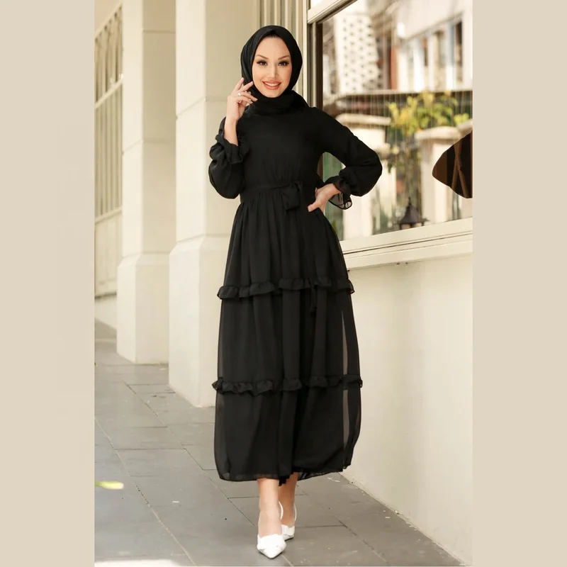 MOTIVE FORCE New Arrival Fashion Arabian Women Dress Islamic Elegant Ladies Slim Ruffle Turkish Muslim Dresses