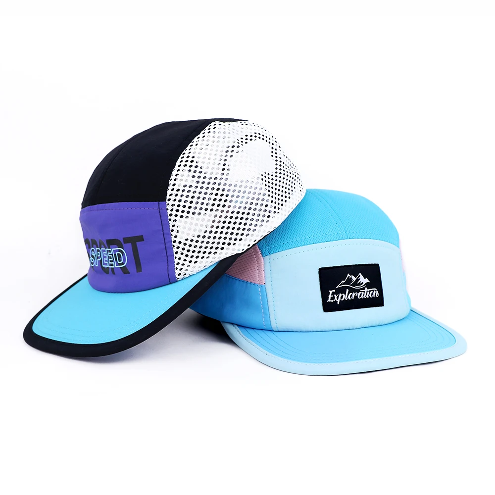 wholesale low profile unstructred polyester running cap color block custom logo 5 panel camp cap