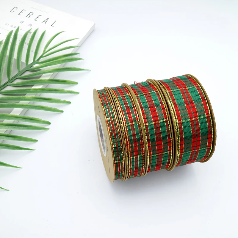 
Christmas Xmas tree decorating accessories ribbons, gift box wrapping gold lurex plaid taffeta ribbons 