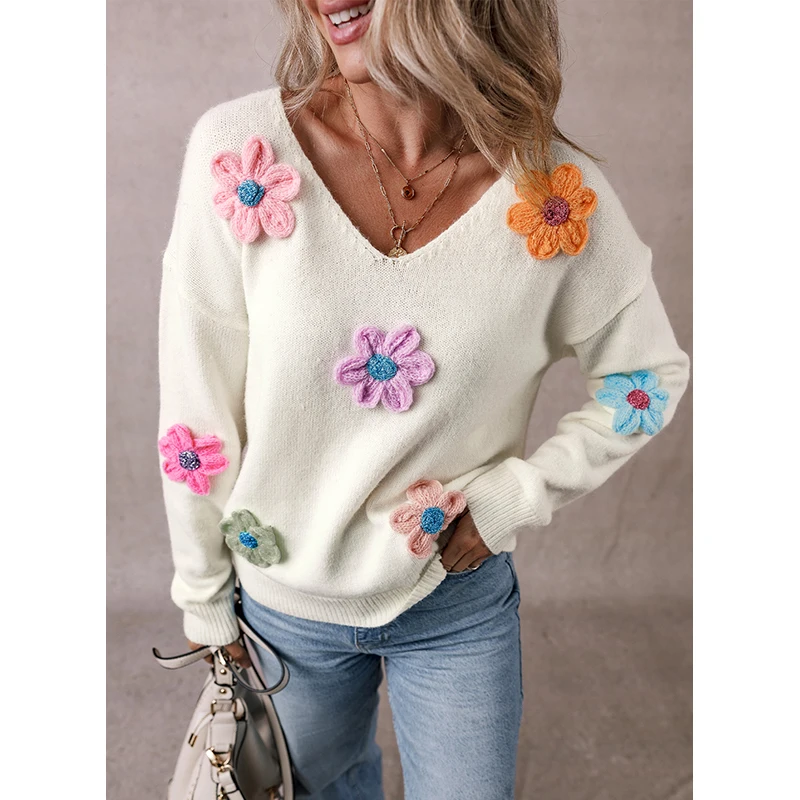 Dear-Lover Wholesale Women Clothing Manufacturers Crochet Flower Knitted V Neck Women Sweater