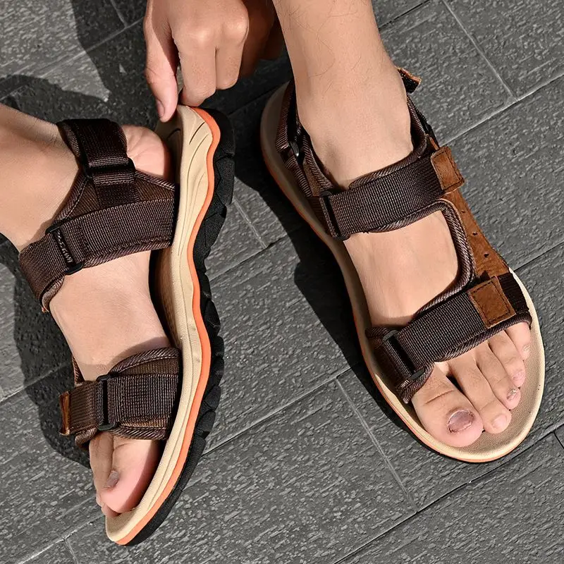 Sport Sandal Shoes For Men Genuine Leather With Webbing Woven Strap Buckle Sandals Men