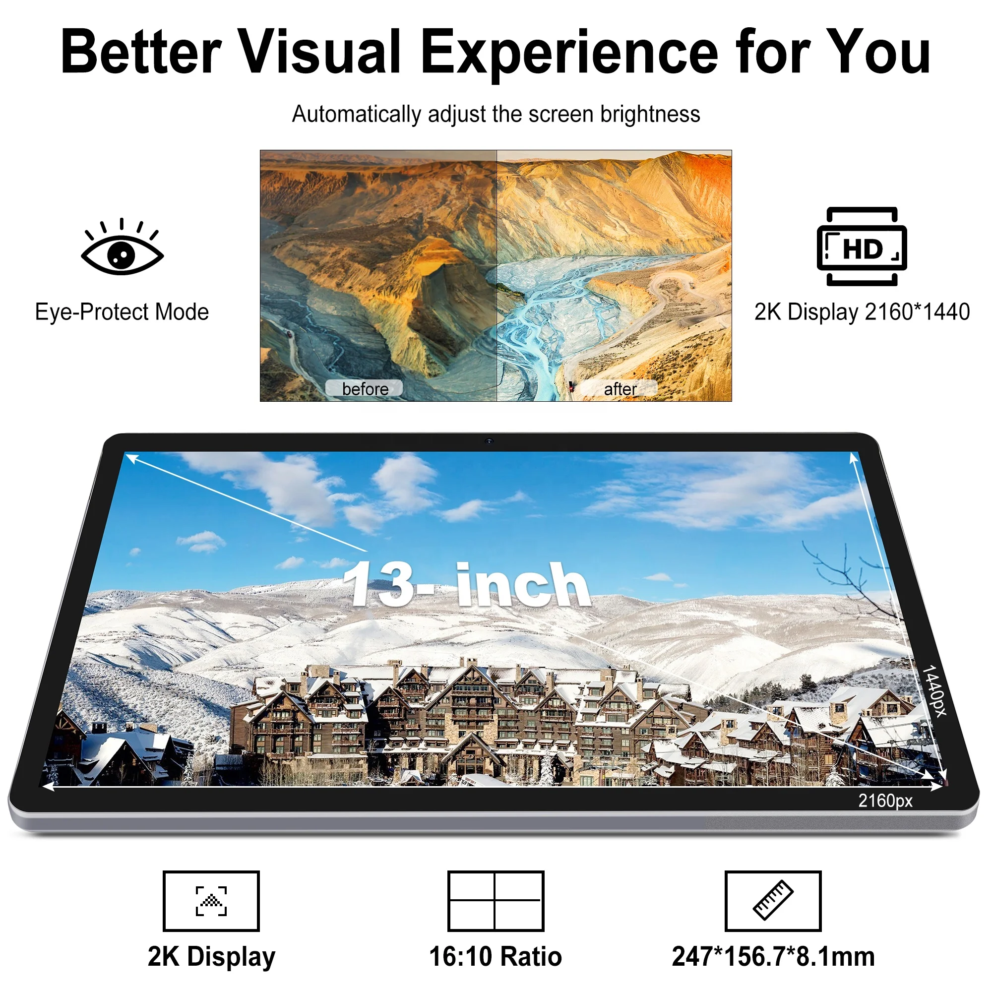 Veidoo 13 inch Android Tablet Octa-Core 8GB RAM 256GB Storage 2160 x 1440 2k Display 4g 5G Wi-Fi 10000 mAh Battery Tablet Pc