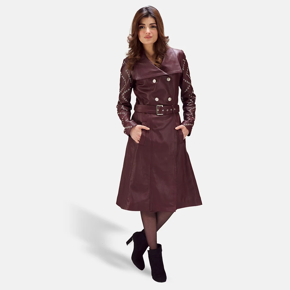 
Wholesale High Quality Red Long Overcoat Leather Coats Women 