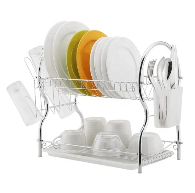 Dish Drying Rack 2 Tier Dish Rack with Drain Board Kitchen Organizer Chrome