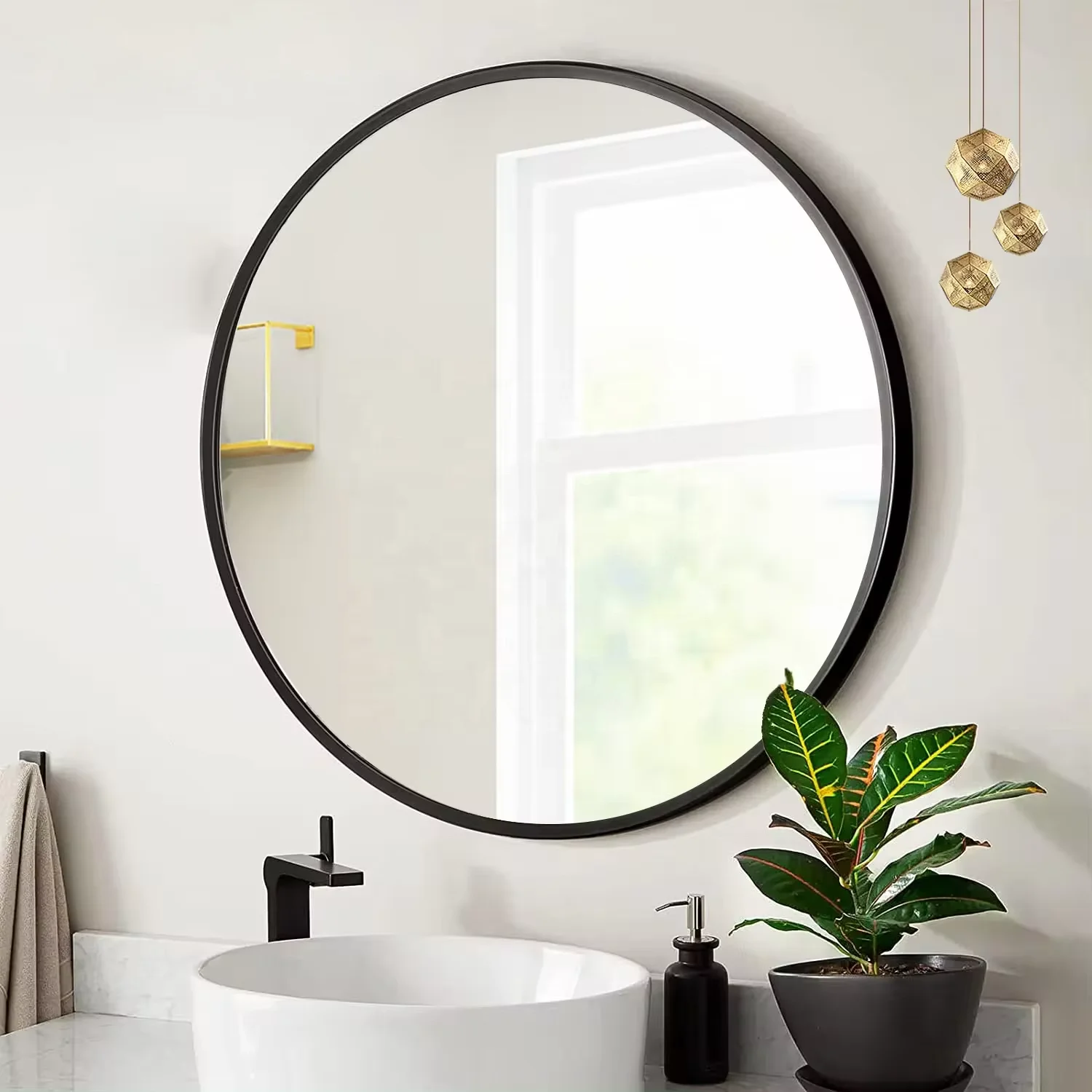 Wall Mounted Circle Mirror, Large Hanging Wall Mirror Round Black Gold Vanity Espejo Spiegel Miroir for Bathroom Bedroom Living