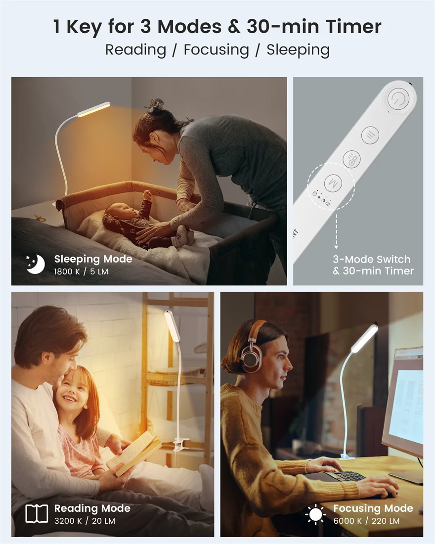 5W Multi-Purpose Clip On Light 38 LEDs Eye Caring Reading Table Lamp 5 Color&5 Brightness with a Remote 30-Min Auto Off Time