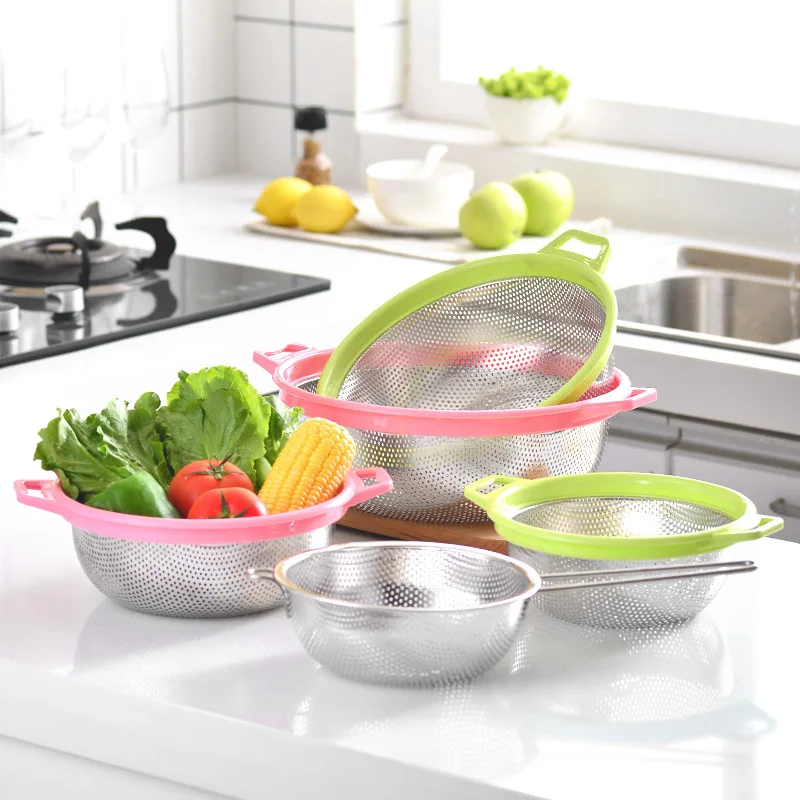 Stainless steel colored Kitchen Colander With Hole Metal Rice Sieve Colander fruit basket drainer food bowl