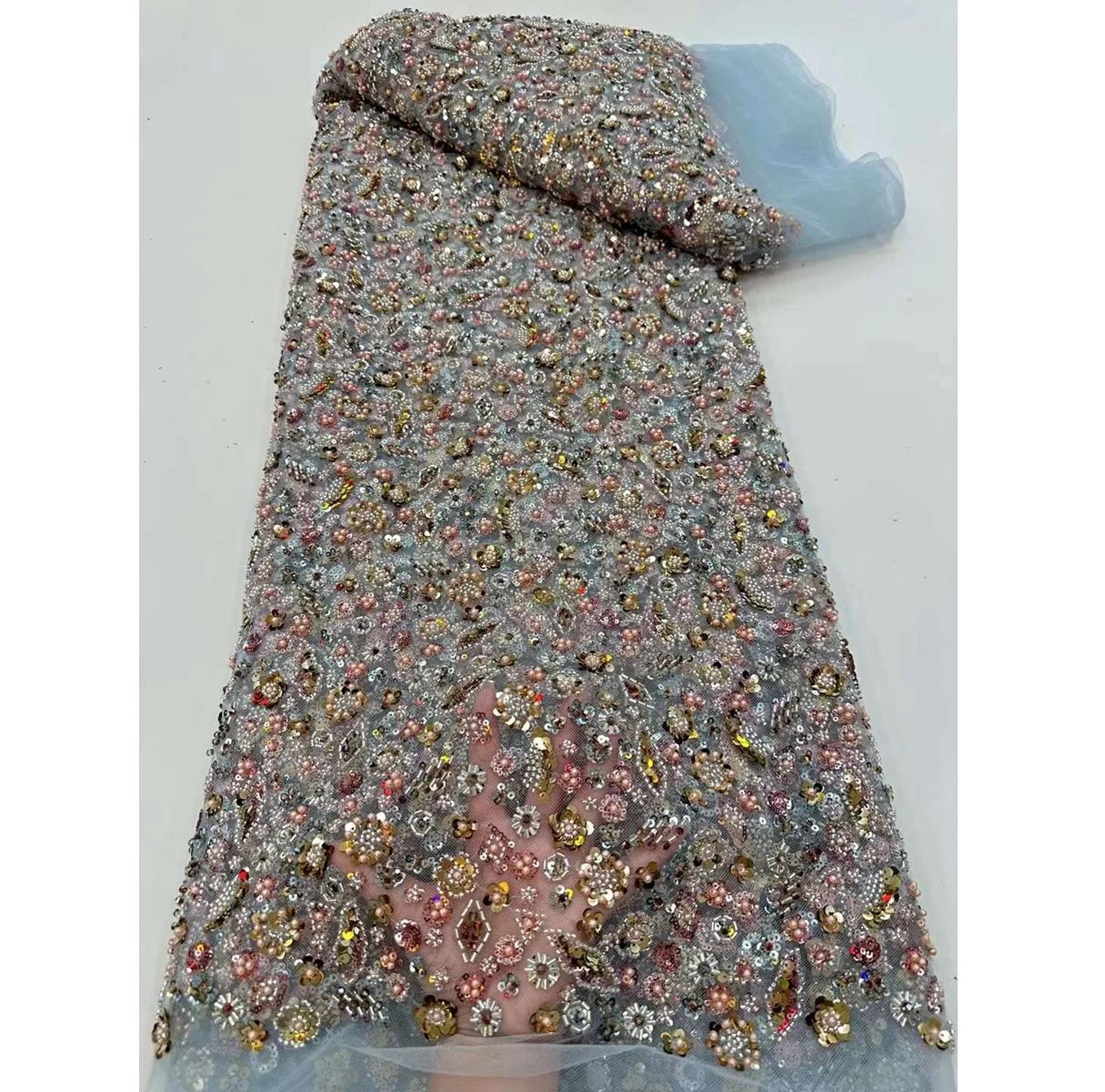 New Design Lace Fabric French Lace With Heavy Sequins And Beads Tulle Lace Fabric With Colorful Pattern For Dress