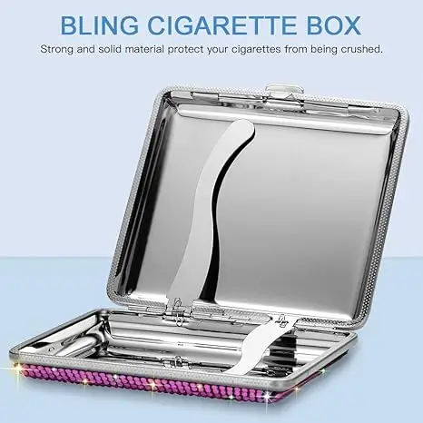 Metal Cigarette Holder Bling Crystal Double Sided Cigarette Box for 20 Cigarettes Gift for Smoker