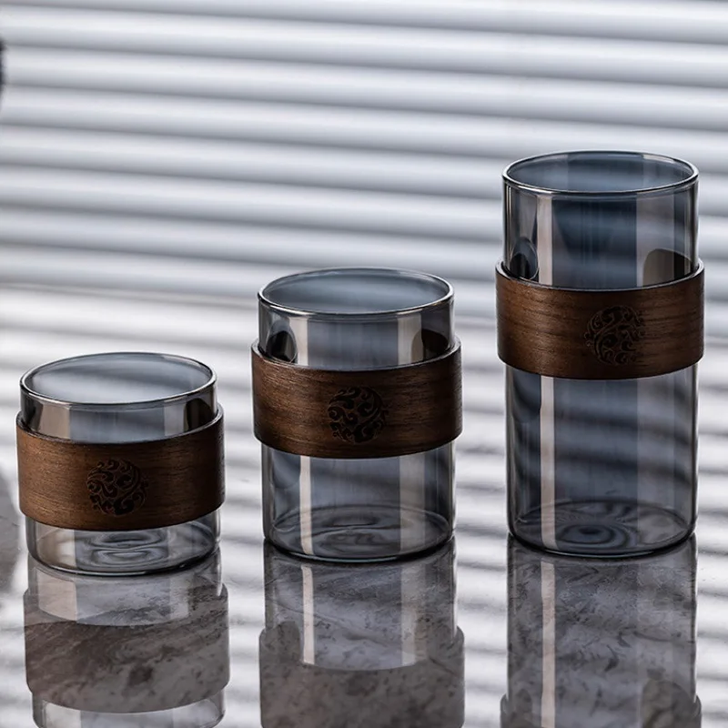 High borosilicate glass Japanese vertical grain glass tea cup walnut ring insulated coffee cup tea cup