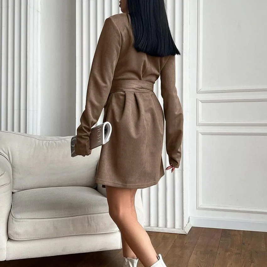 Micro Suede Sexy  Party Dresses Graduation Evening Ladies Front Short Back Long Women Commute Shearling Tie-up V-neck Mini Dress