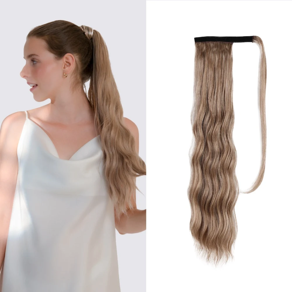 Meiwei New Long Water Wavy Ginger Synthetic Ponytail Beanie Elastic Hair Bands Velcro Ponytail Extensions Wrap Around Factory