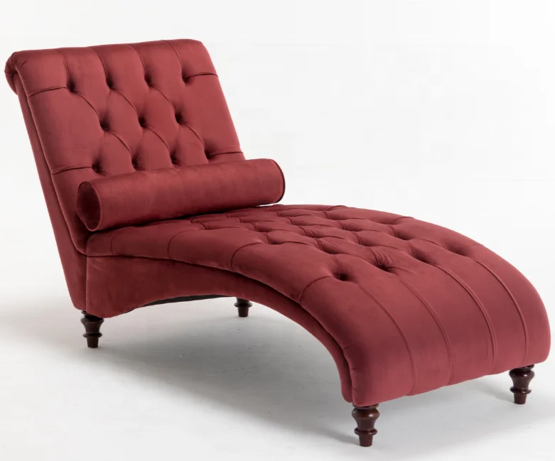 
Long chaise lounge velvet fabric buttons design wooden legs home funiture 