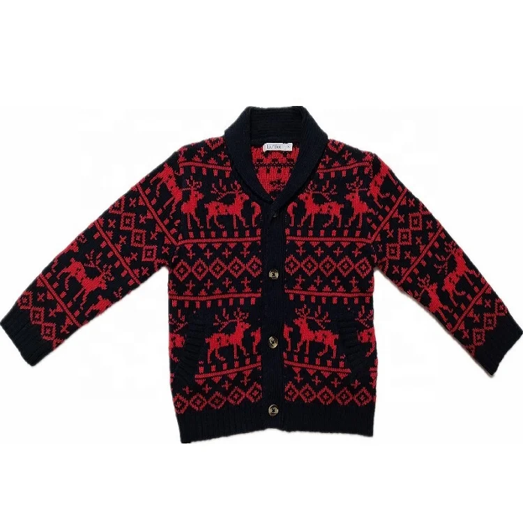 
100%Acrylic Shawl Collar Pocket Jacquard Cardigan 2021 Winter Boy Christmas Sweaters Kids Clothing 