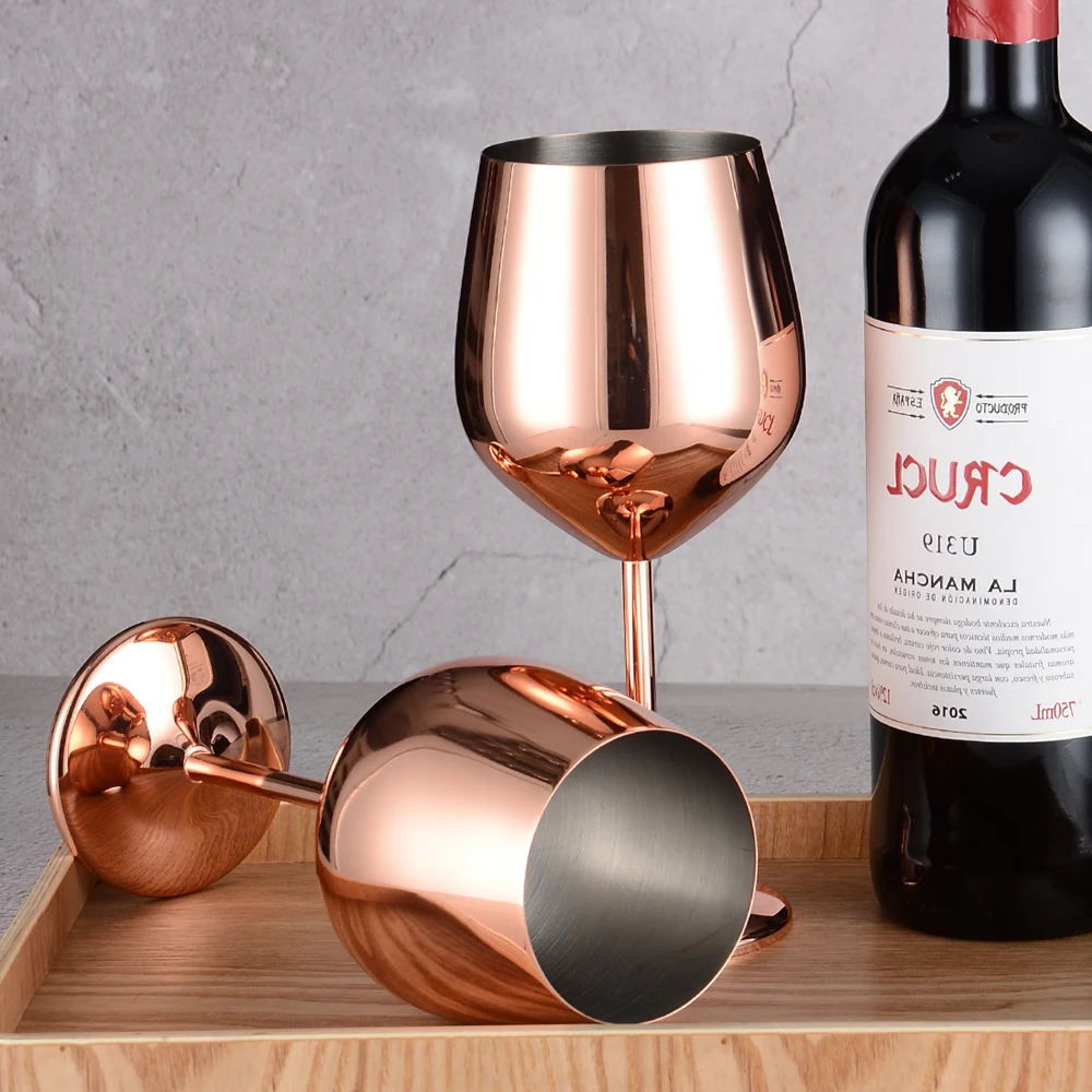 Factory Custom Logo Rose Gold & Black 18oz Stainless Steel Wine Glasses Unbreakable Stemmed Wine Glass Champagne Flute