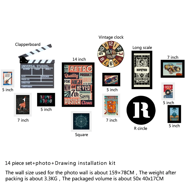 14 packs Retro clock Picture Frames Collage Set,  vintage Wall Gallery Kit for bar, PS Photo Frame Collage for Wall Home Decor