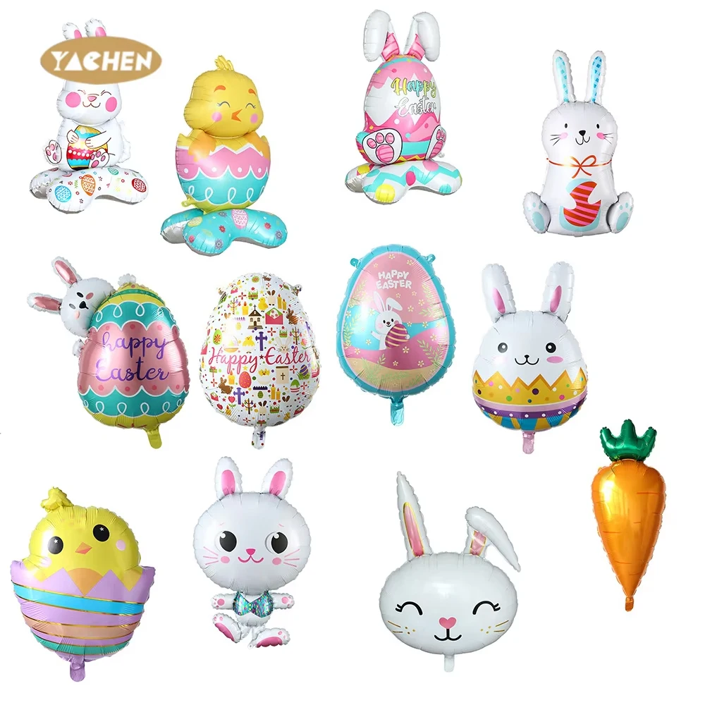 Yachen Happy Easter Globos Balloons Ribbon Bunny Eggs Carrots Chick Aluminum Foil Balloons for Spring Easter Party Decoration
