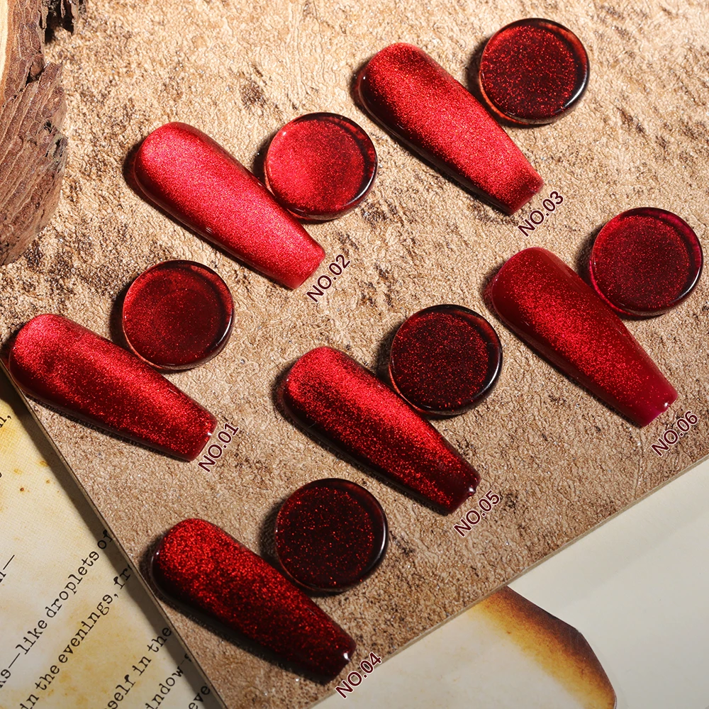 ZRKGEL Glitter Cat Eye Gel Nail Polish Set 6 Colors Red Burgundy Gel Nail Polish with Magnet UV LED Soak Off Sparkle Nail gel