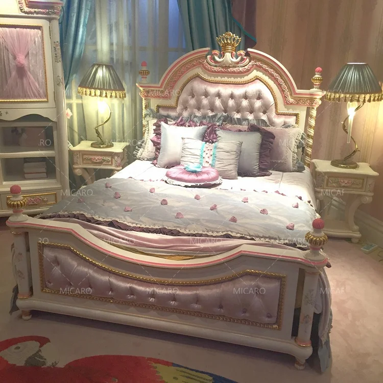 LEQ001A royal european style solid wood kids bed bedroom furniture set with drawing