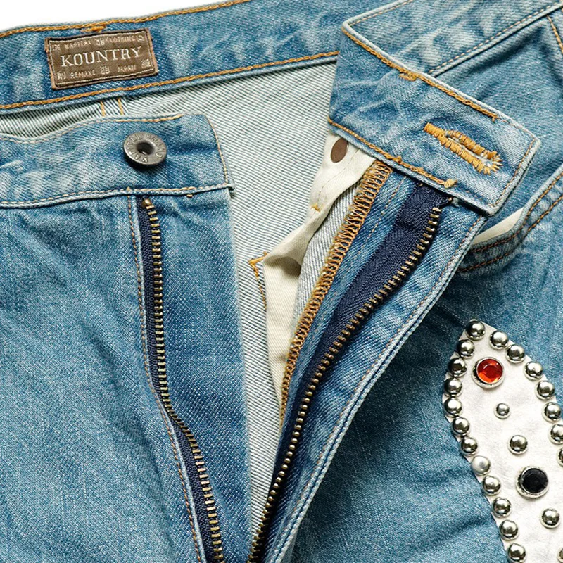 Custom Metal Stud Gem Men jeans Shorts Vintage Streetwear Rhinestone Denim Shorts Men