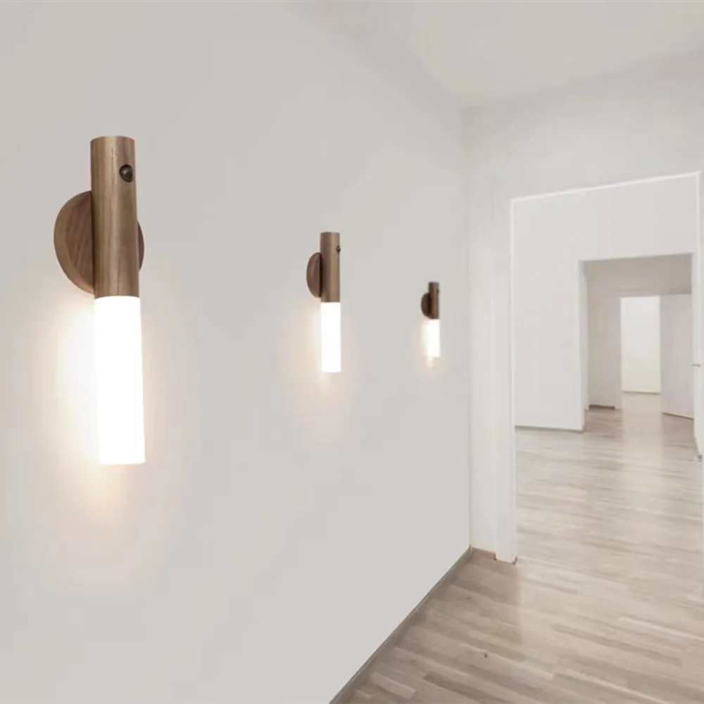 Sensor Control Rechargeable Wooden Wall Lamp Portable Induction Lamps for Bedroom