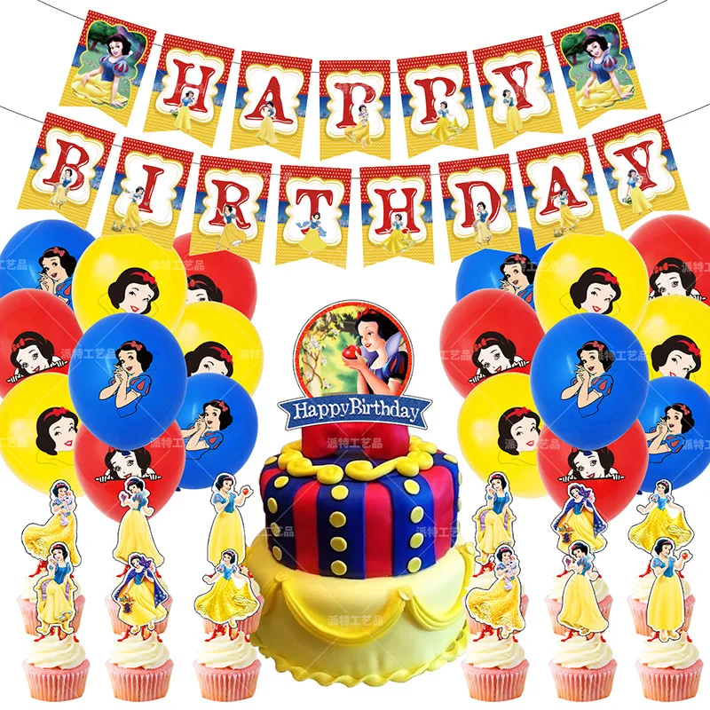 Anime Snow White Theme Birthday Party Decor Frozen Cartoon Latex Balloons Banner Cake Card Baby Shower Party Event Supply K0046