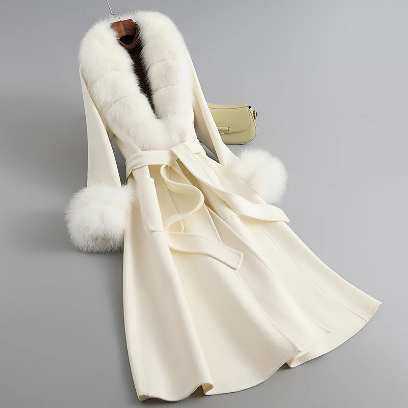 Female Wool Tweed 2023 Winter Warm Long Coats Lady Girl Fox Fur Collar Cashmere Overcoat Parka JT3384