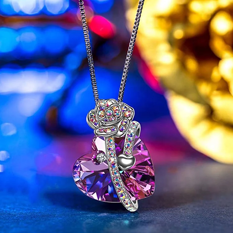 High quality Love of Rose Pendant Necklace with Austrian Crystals Jewelry for Women Gifts for Girls