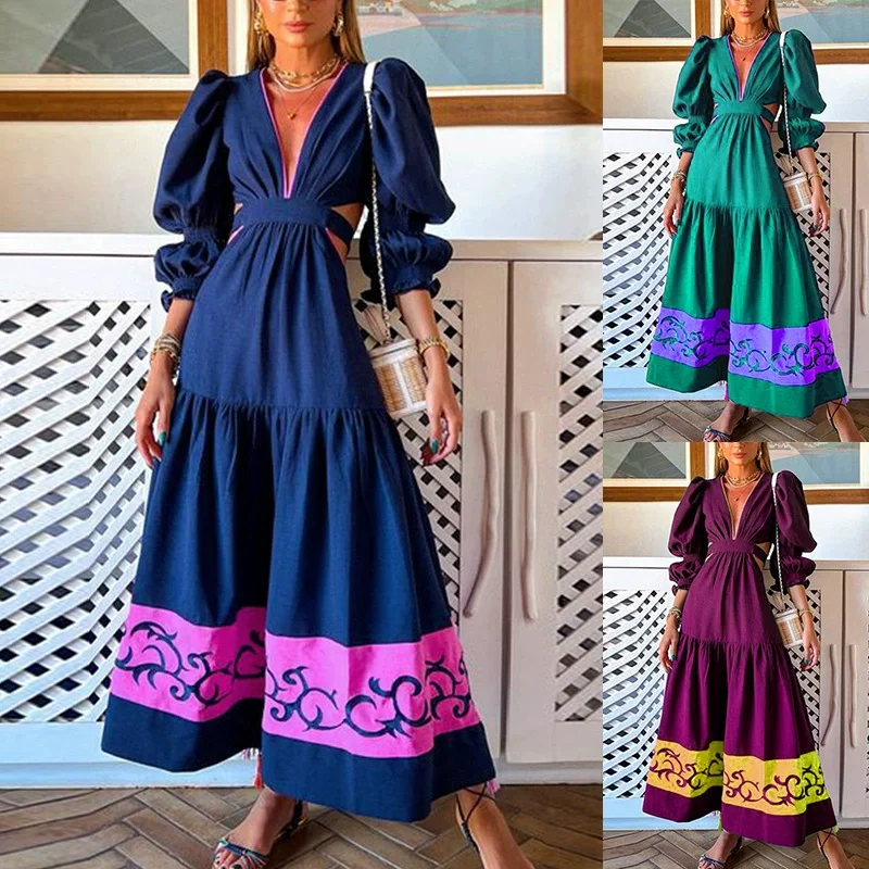 J&H 2022 new fashion hollow out maxi dress ladies designed sleeve halter boho dress summer elegance long dress