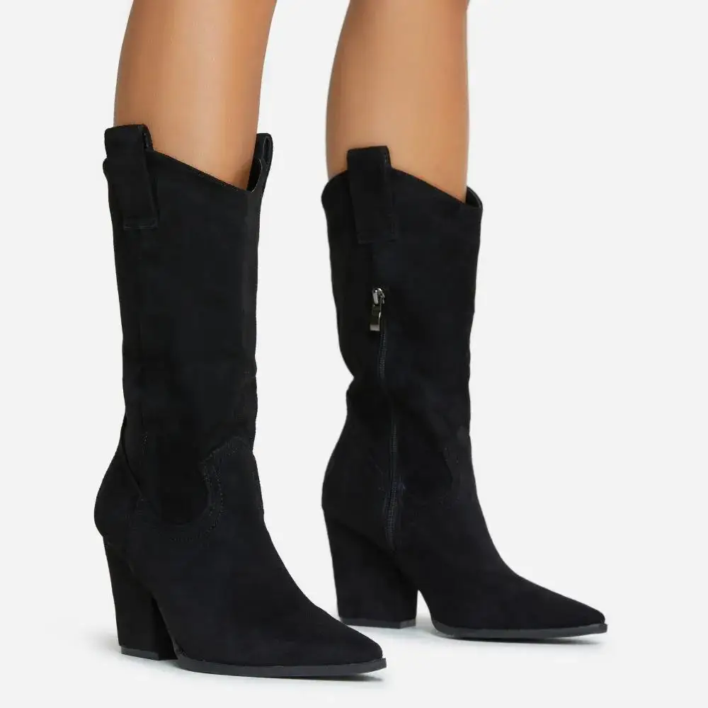 Bock heel point  toe  western cowboy in black faux suede middle calf ankle boots  for  women and  laddies women   ankle  boots