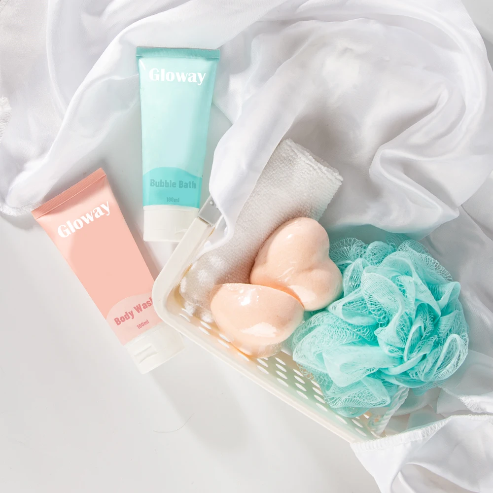 5Pcs Body Care Products Heart-Shaped Scented Bath Bombs Body Wash Loofah Girls Bath Shower SPA Gift Set