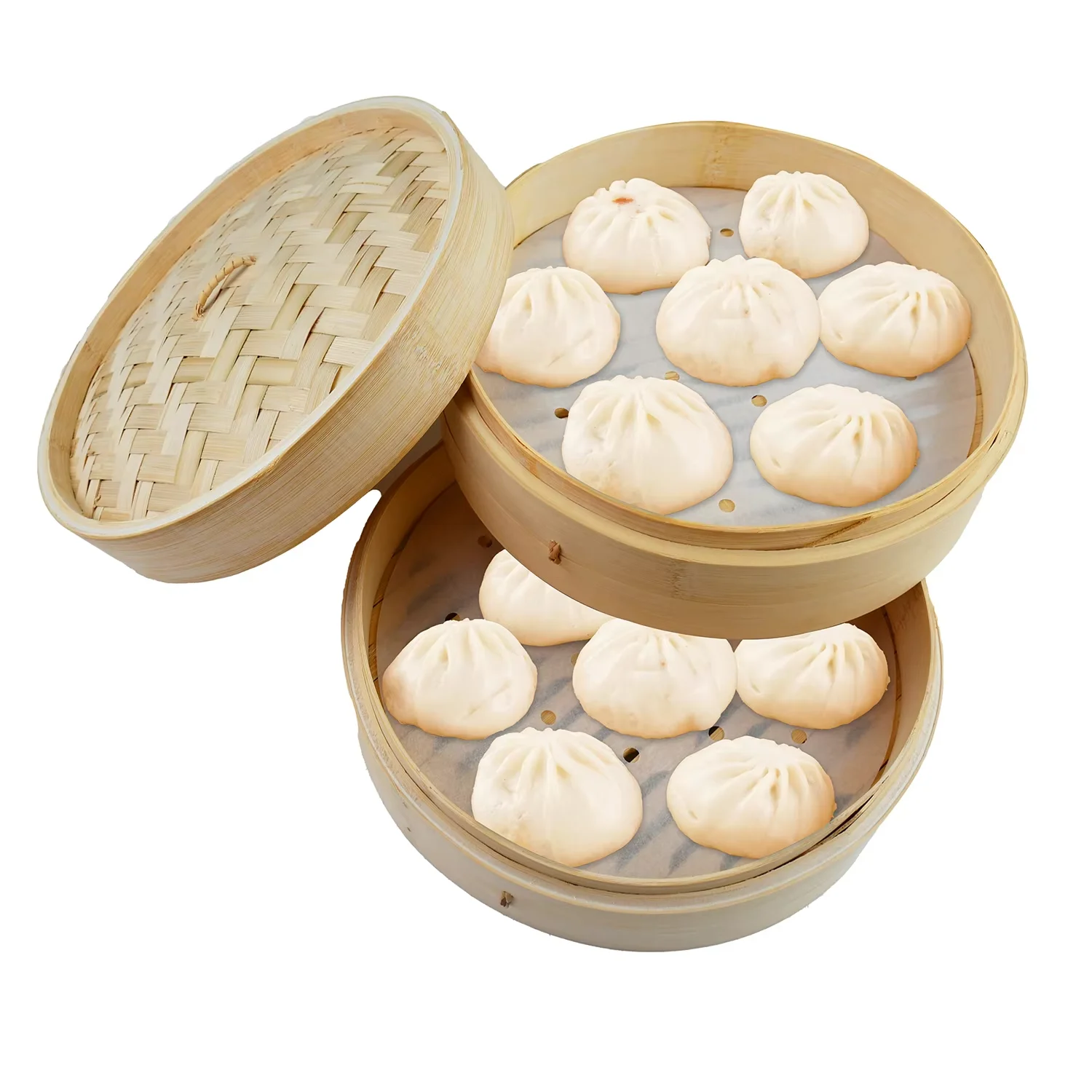2024 Creative Custom Natural Bamboo Chinese Cuisine Steamer Set Reusable 2 Gauze Liners for Cooking Durable Dumpling Steamer