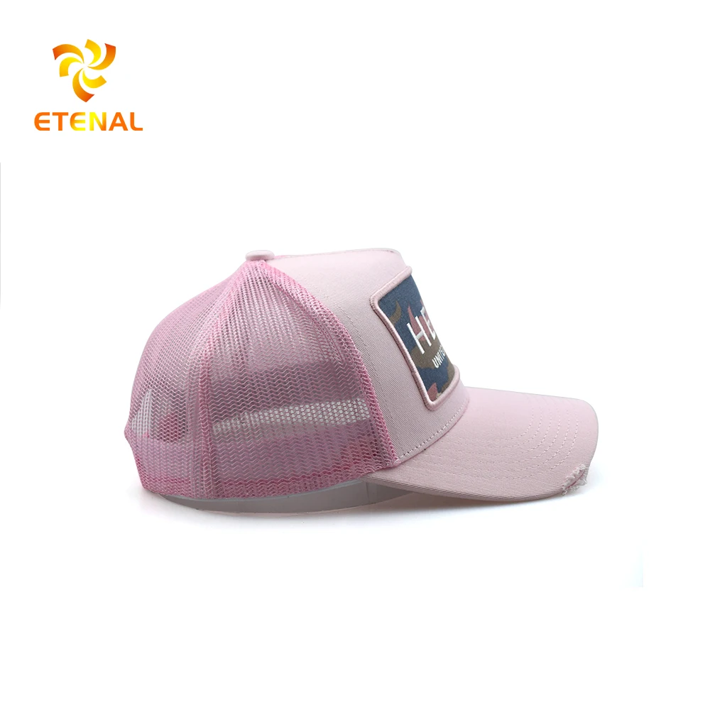 5% OFF Custom men embroidery patch distreseed baseball cap pink color trucker mesh hat
