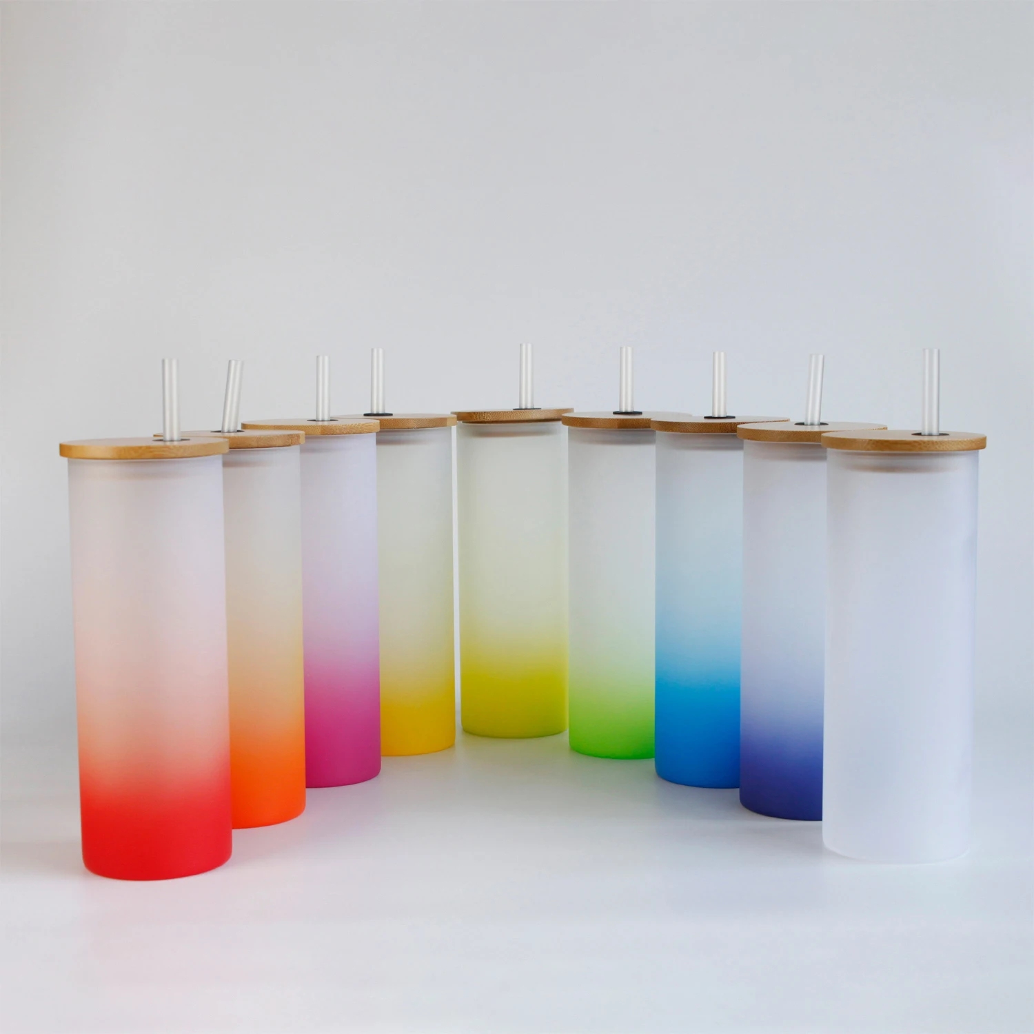 Hot Sale 17oz Mixed Gradient Color Frosted Glass Mugs Skinny Blank Sublimation Mug  Straight Tumbler with Straw And Bamboo Lid