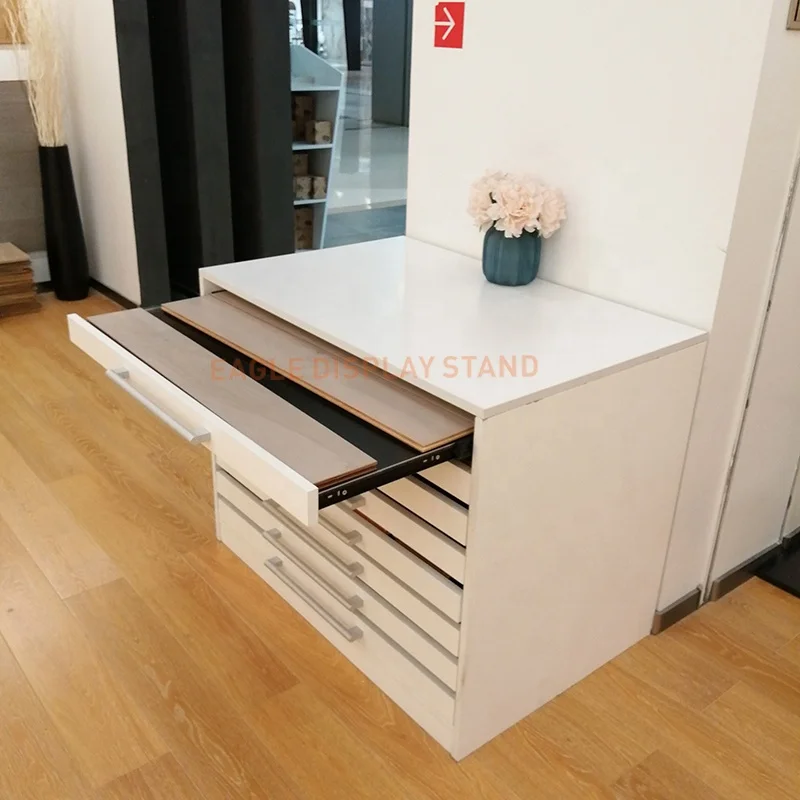 Showroom sliding display case stone tile display rack laminate flooring display drawer with rug covers