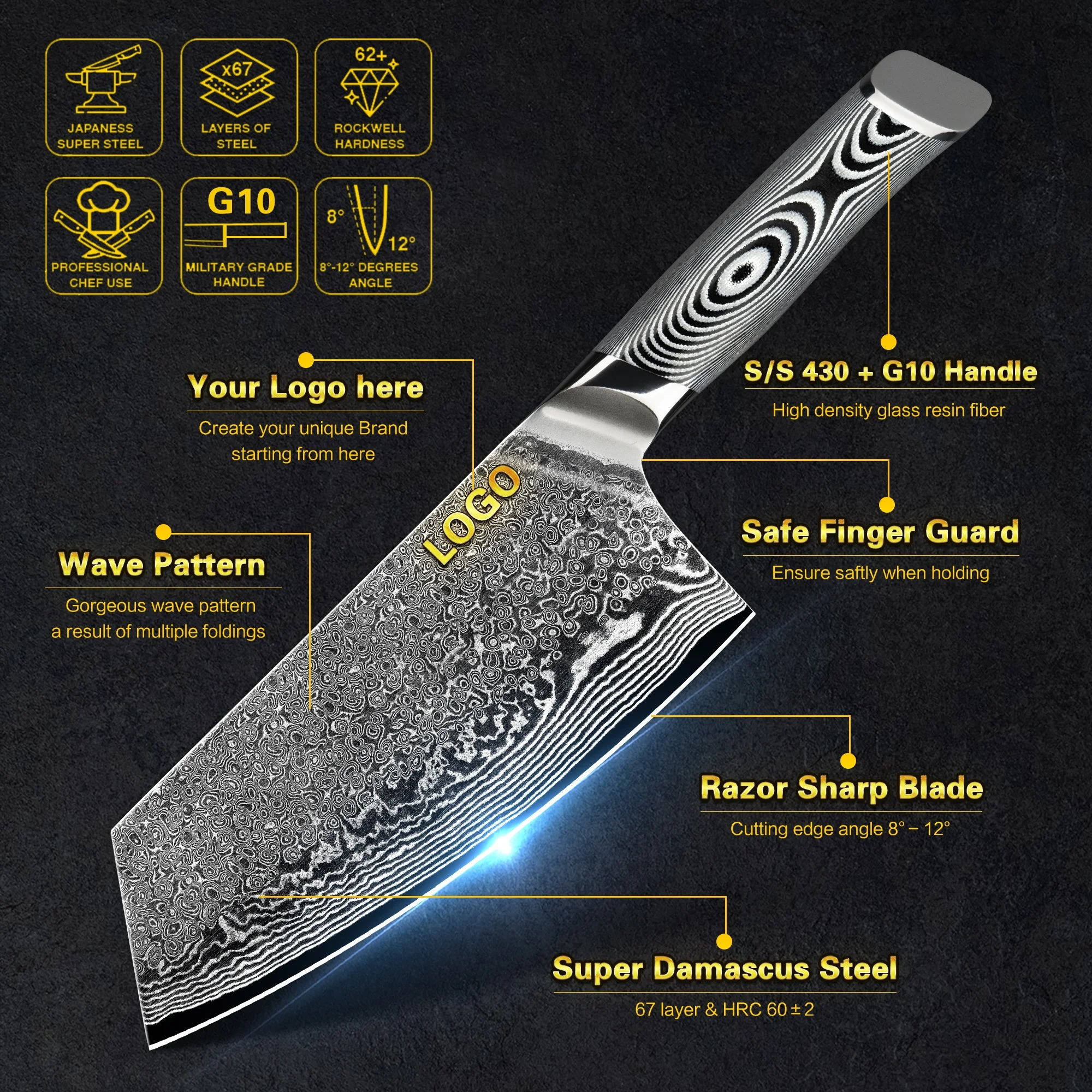 Grey G10 Handle 7 inch 67layers vg10 japanese knives chef damascus steel knifes meat cleaver knife with gift box