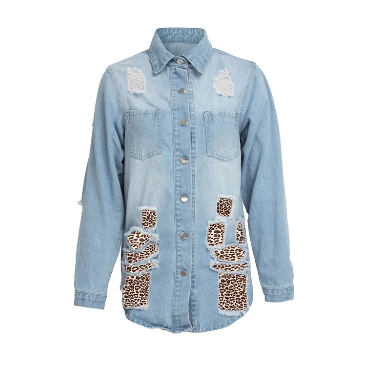 European And American Fashion Women's Leopard Print Stitching Denim Jacket