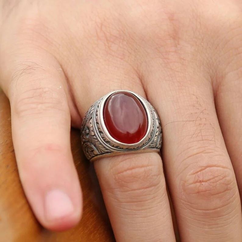 Vintage Wholesale Onyx Agate Silver Ring 925 Mit Stein Feroza Stone Turkische Aqeeq Ring Silver Turkish Ring Men