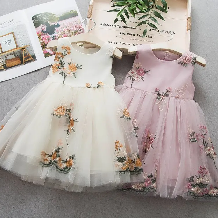 kids luxury 1st summer Embroidery Sleeveless Satin tulle birthday dress for baby girl