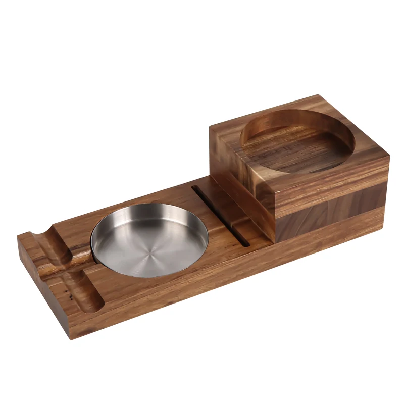 High Quality Wooden Cigar Ashtray Accessories Set Whisky Glass Tray Holder Cigar Ashtray Coaster With Cigar Cutter Slot