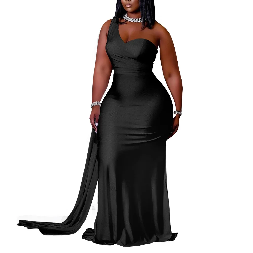 2021 High Quality Wholesale Elegant One Shoulder Satin Long Plus Size Dress Women Black Maxi Evening Dresses