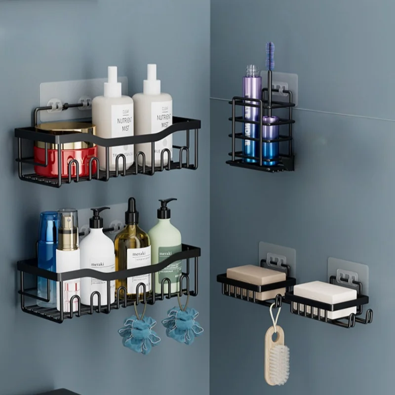 3/5 Piece Shower Storage Set with Hooks - Wall Mounted, Drill-Free Adhesive Toiletries Soap Organizer, Bathroom Accessories