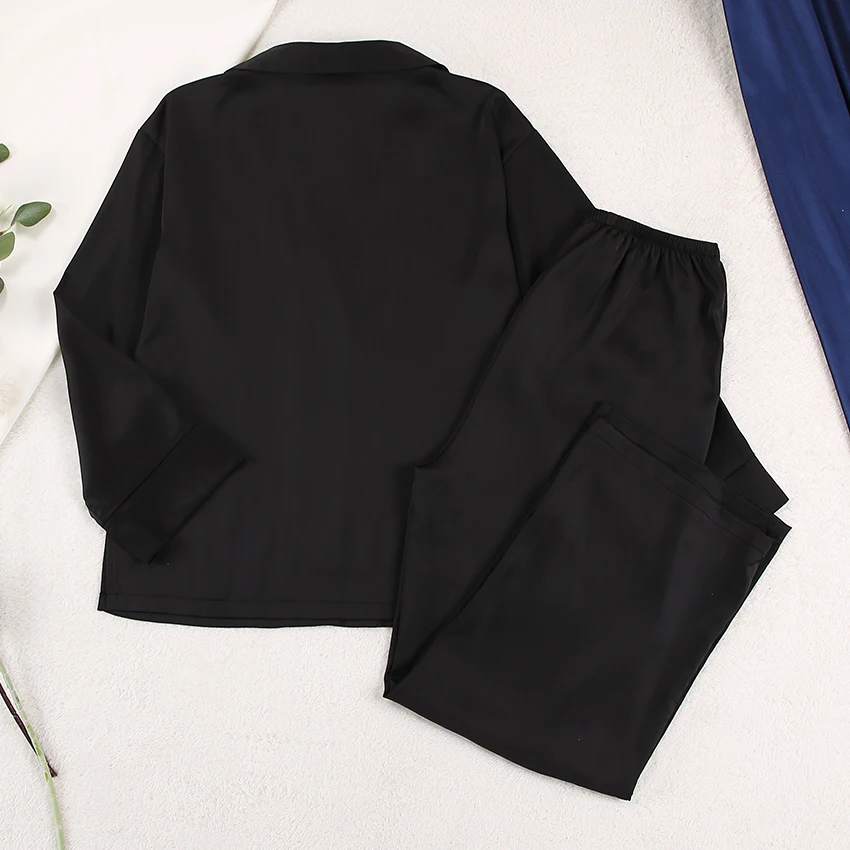OOTN женский однобортный брючный костюм с длинным рукавом и широкими штанинами сексуальный повседневный наряд низким вырезом большого размера из сатина шелка комплект 2 предметов