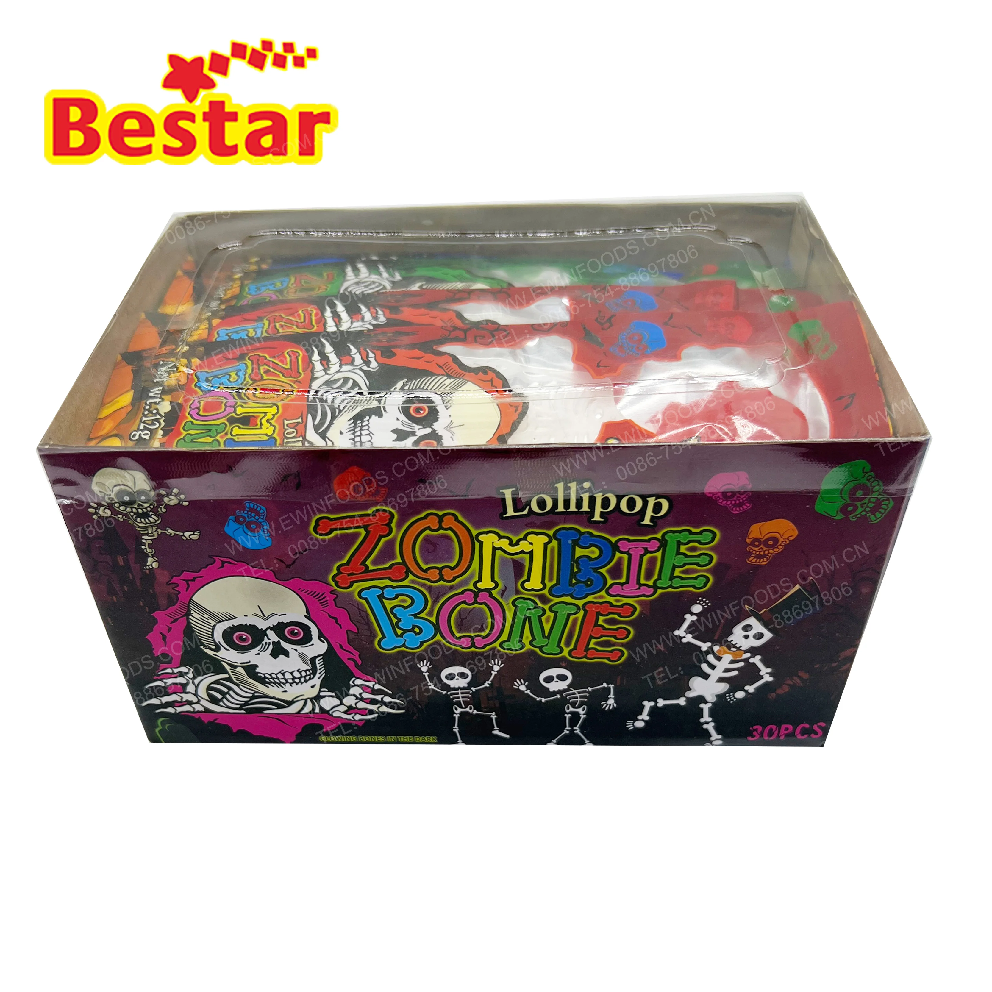 OEM/ODM Halloween 3D lollipop skull shape lollipop hard candy with skeleton shape stick for party
