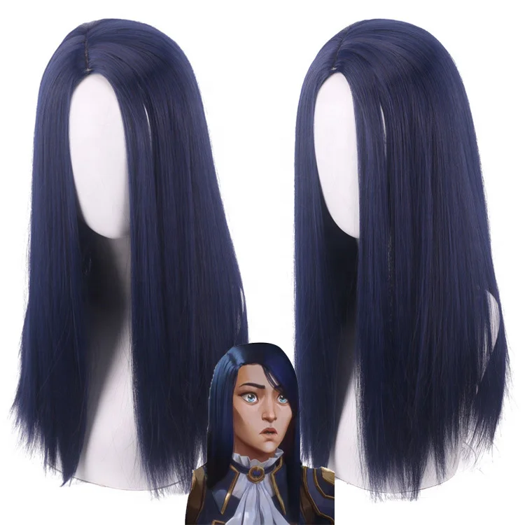 Wholesale LOL League of Legends Anime Wig 50cm Long Straight Dark Blue Caitlyn Wig Cosplay Synthetic Heat Resistant Hair Wig