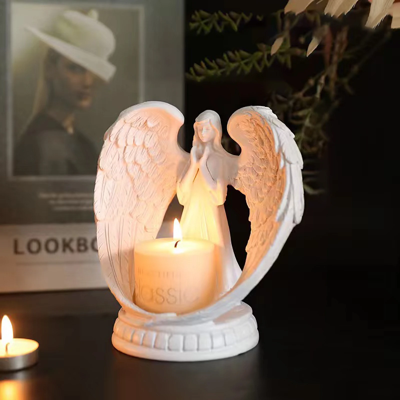 Fengzhi Factory Pure white wings angel statue Angel candlestick Living room dining room decoration decoration resin crafts