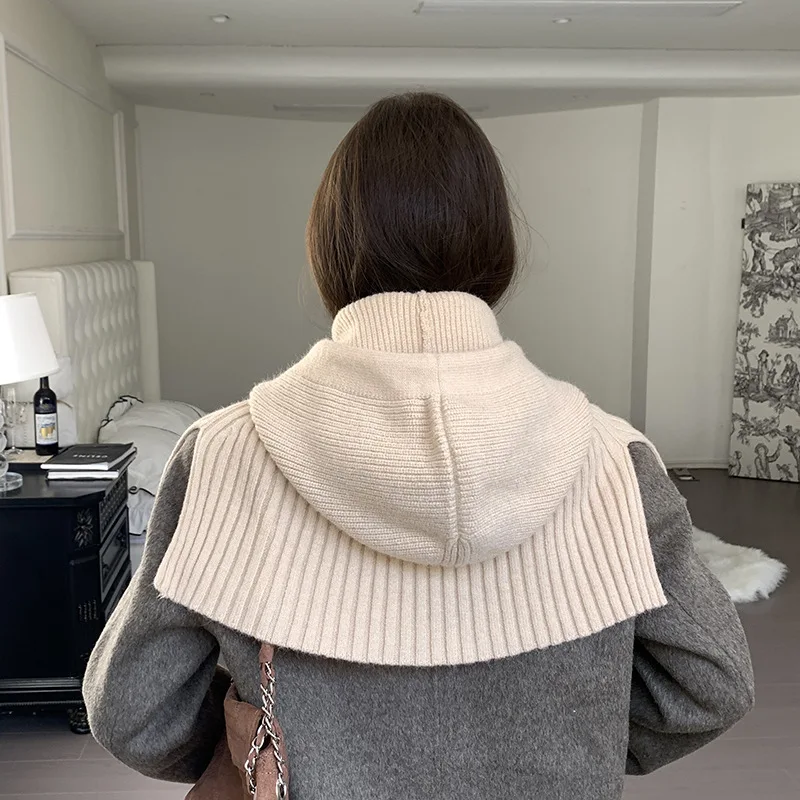 New Winter Windproof Hooded Scarf Hat Balaclava Beanie Neck Protect Cap Solid Plain Crochet Shawl Pullover Knitted Hat for Women