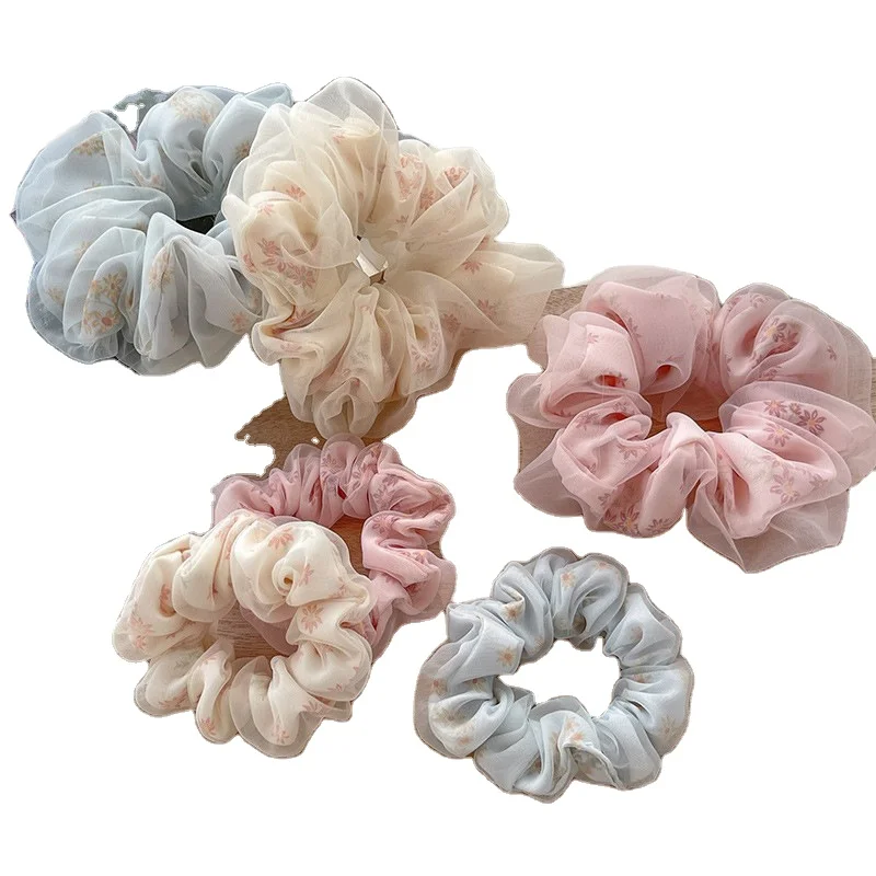 Elegant big mesh flower printing new organza scrunchies hot sale fashion elastic hair scrunchies pink for women girls