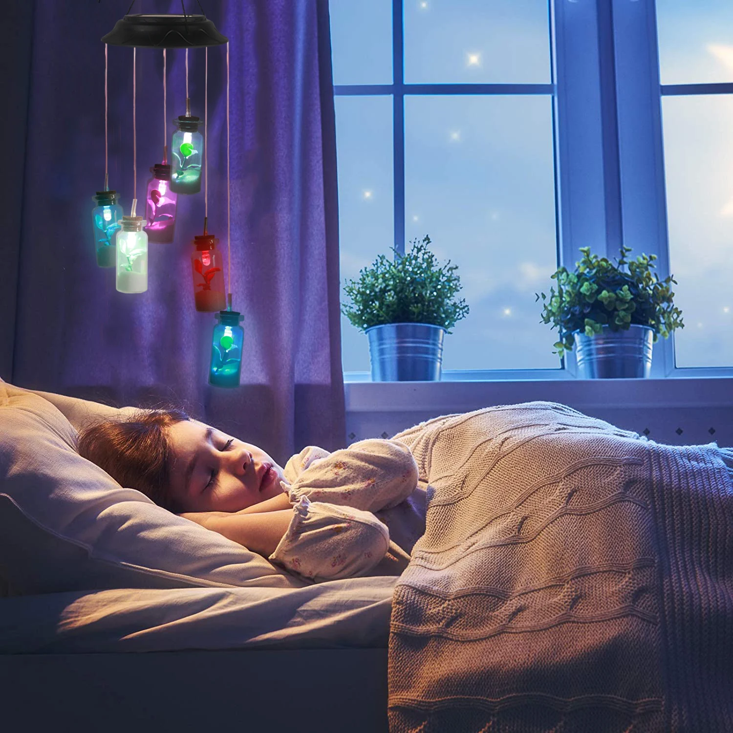 
Wishing Bottle Solar Wind Chime, Solar Light Wind Chimes for Garden Decoration,Waterproof Glass Color Change Hanging Light 